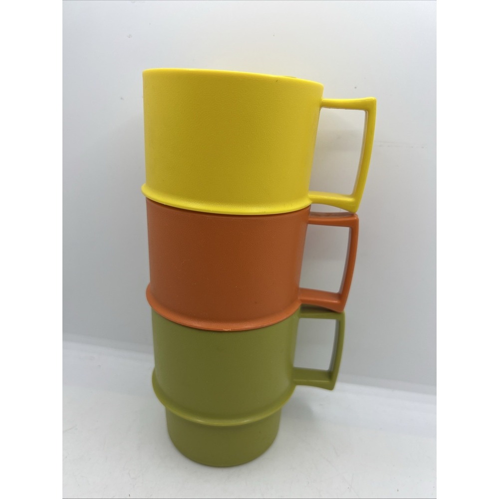1970s Vintage TUPPERWARE Coffee Mugs Cup Orange‎ Green Yellow Set of 3 Stackable - Picture 2 of 6